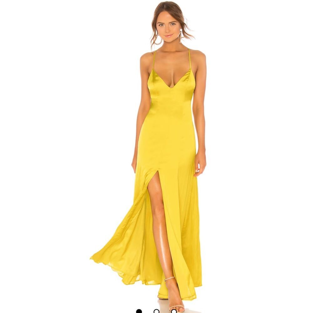 Lovers + Friends Yellow Satin Maxi Dress with Front Slit